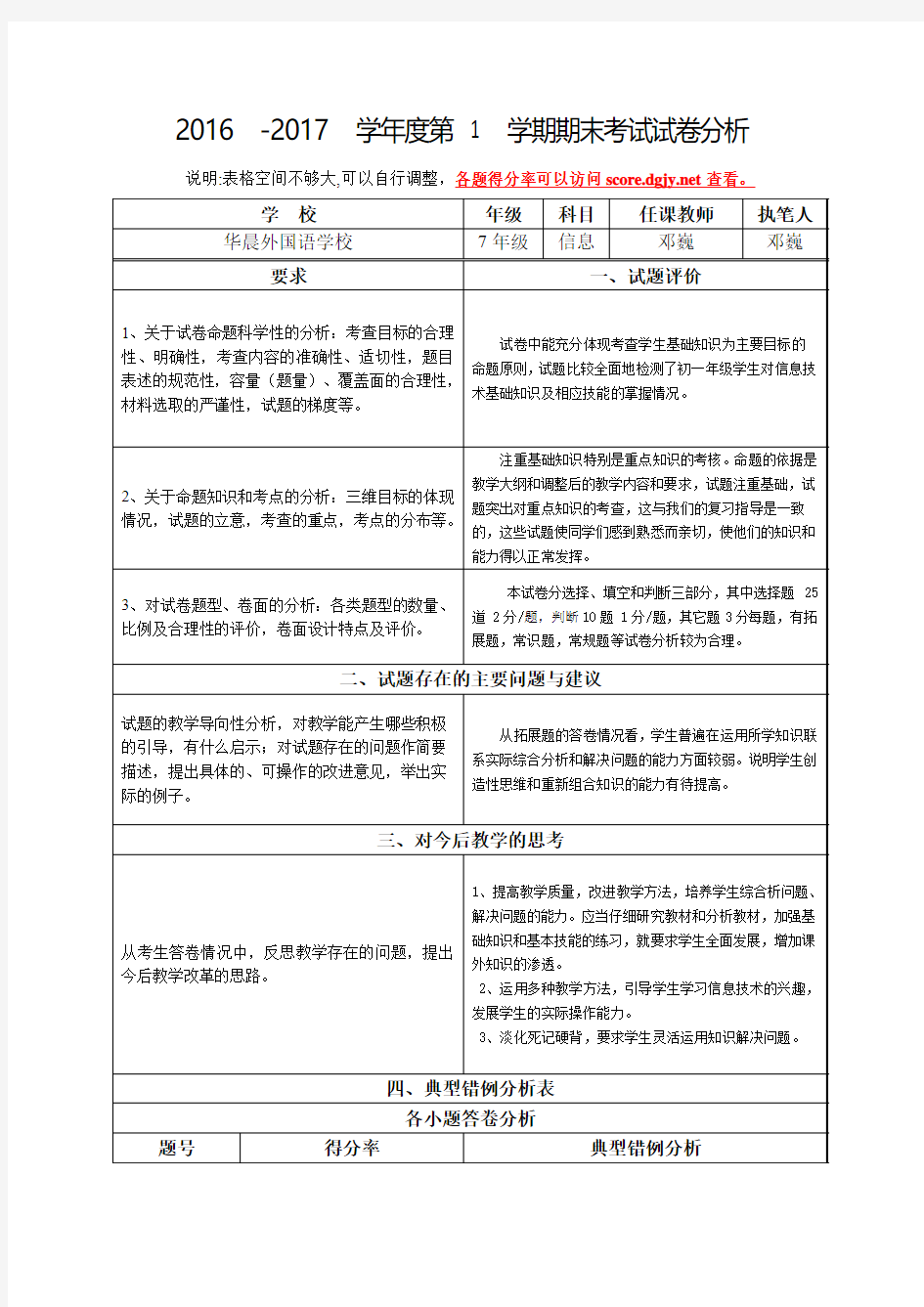 中学信息技术试卷分析模板