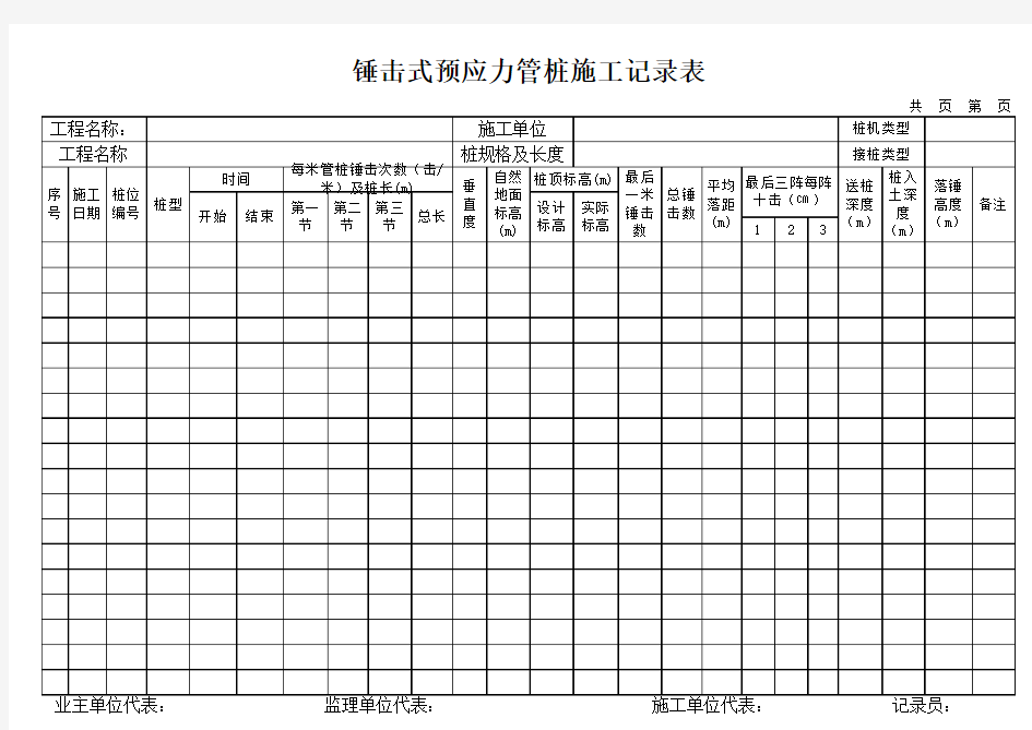 锤击式预应力管桩施工记录表