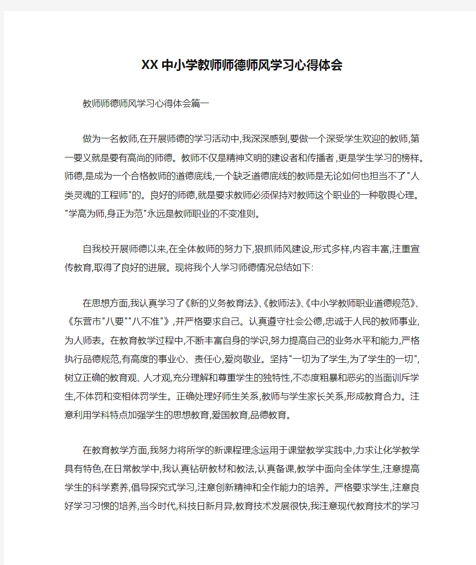 XX中小学教师师德师风学习心得体会