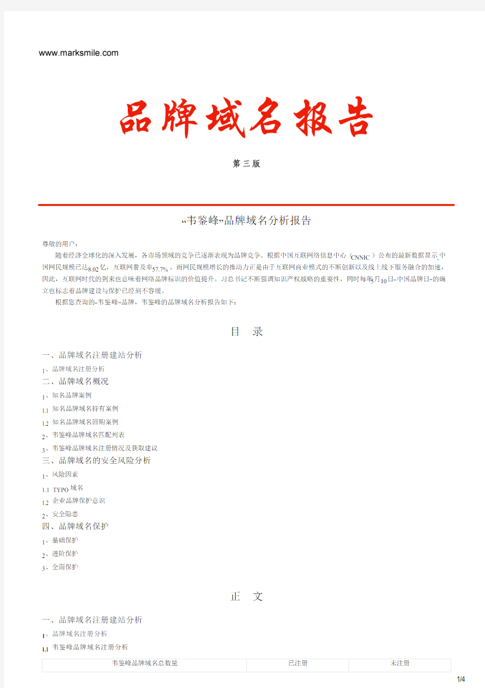 韦鉴峰的品牌域名分析报告