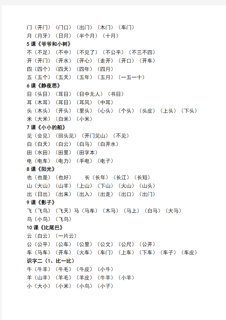 人教版1至6年级语文生字组词汇总