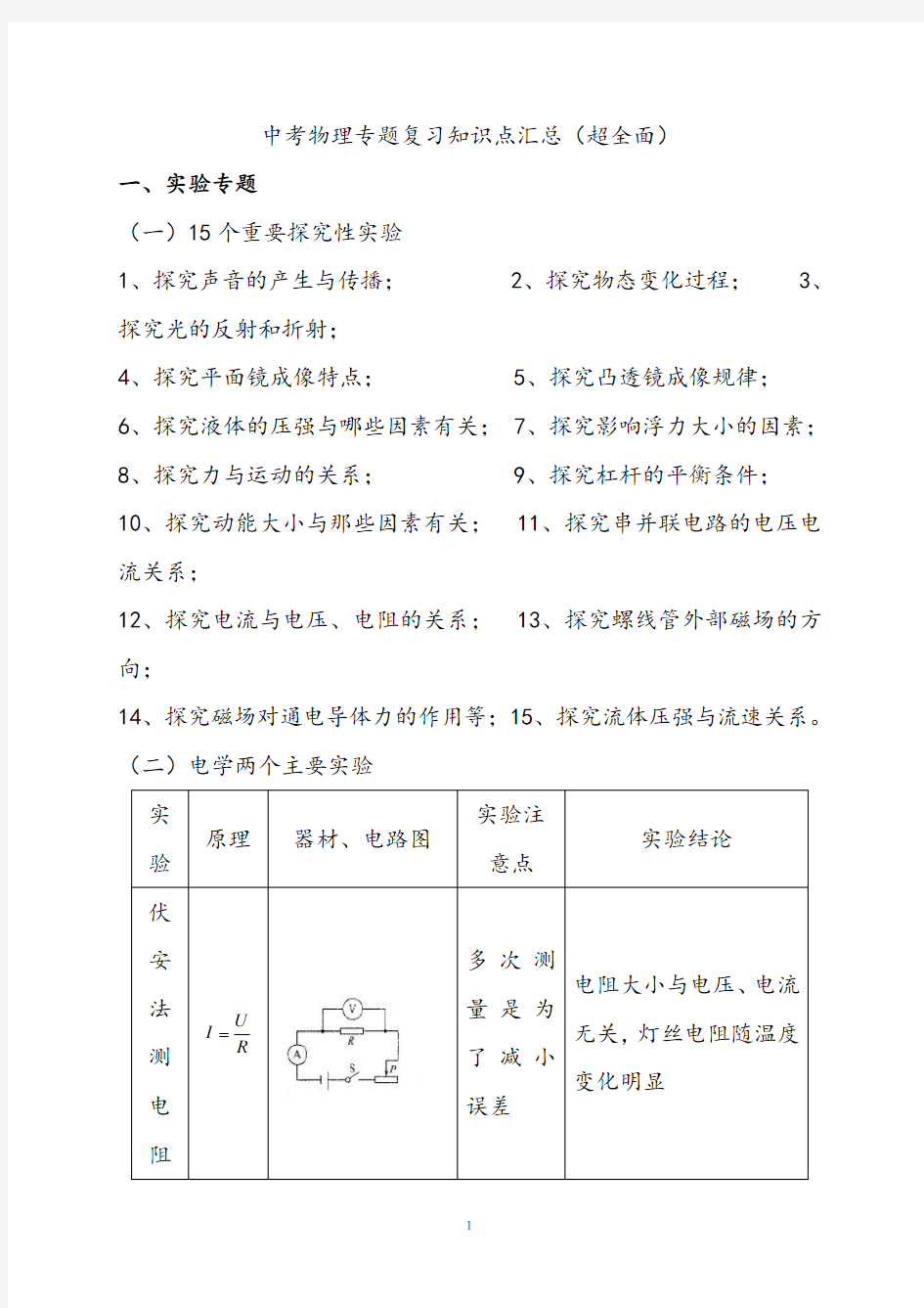 中考物理专题复习知识点汇总(超全面)