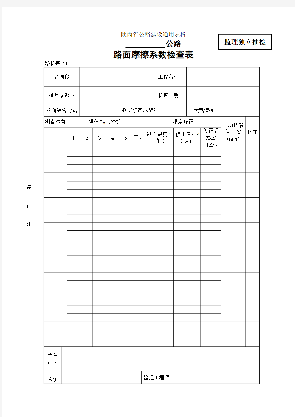 路面摩擦系数检查表