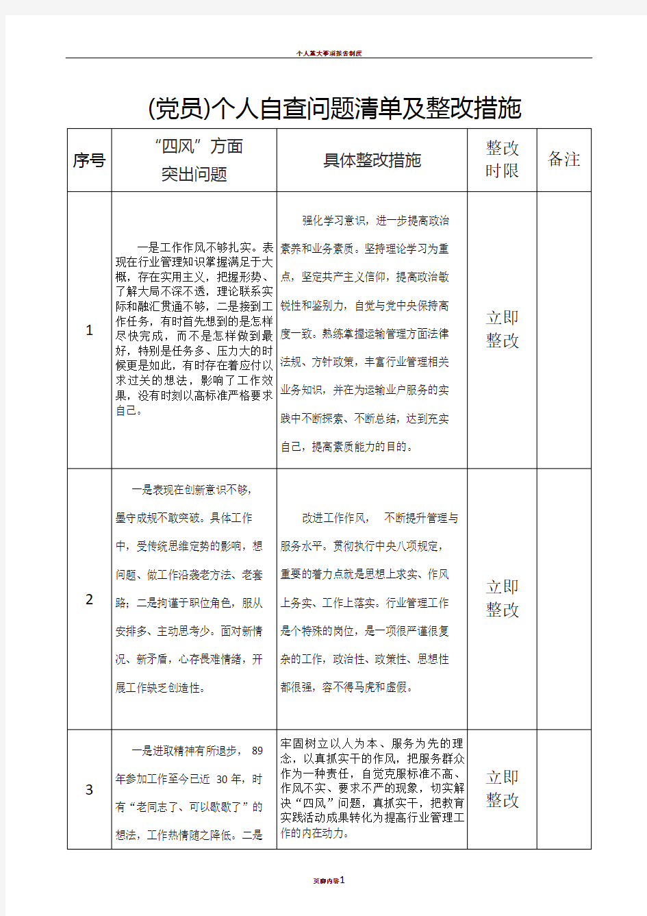 个人问题清单及整改措施