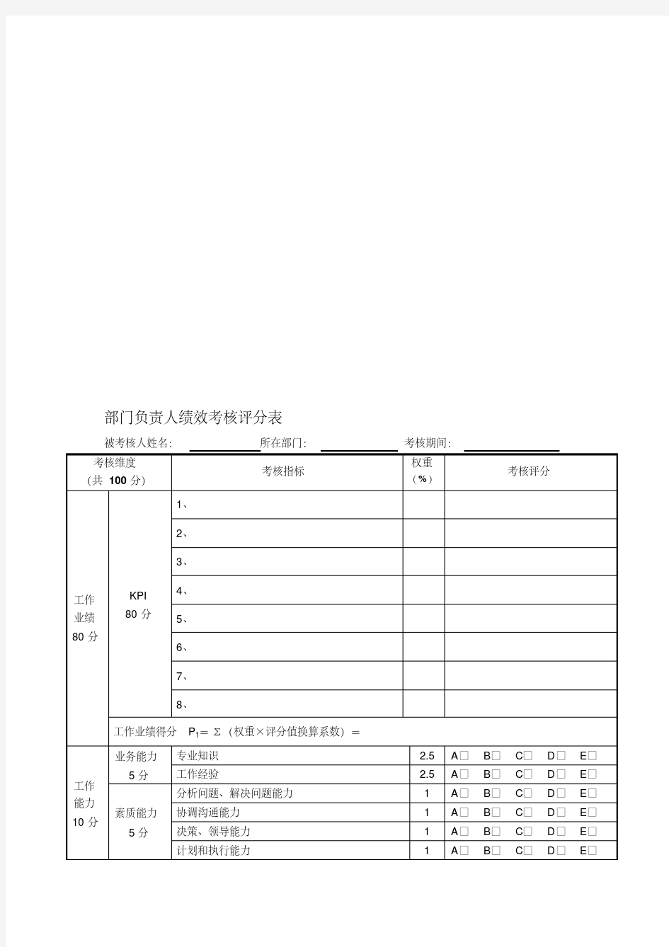 部门负责人及员工绩效考核评分表.