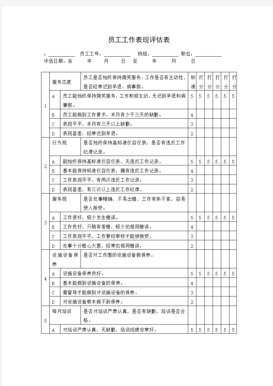 员工工作表现评估表