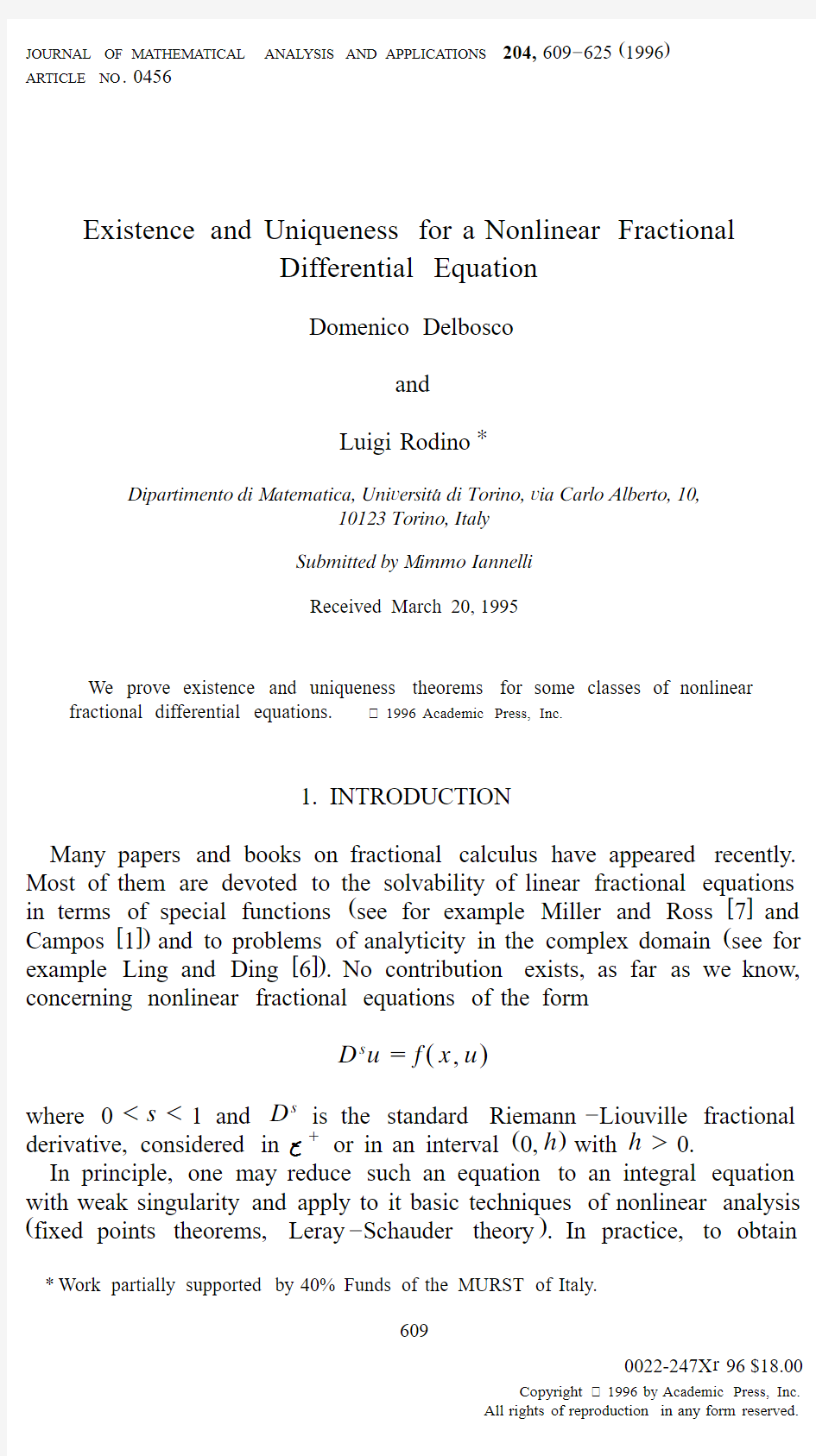 Domenico Delbosco   1993  Existence and Uniqueness for a Nonlinear Fractional Differential Equation