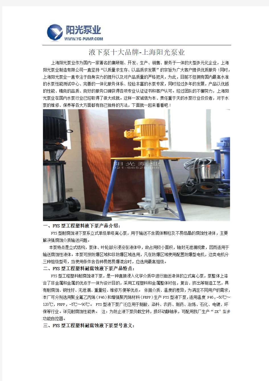 液下泵十大品牌-上海阳光泵业