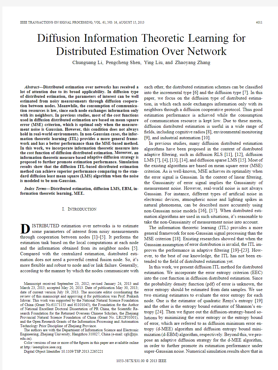 Diffusion Information Theoretic Learning for Distributed Estimation Over Network
