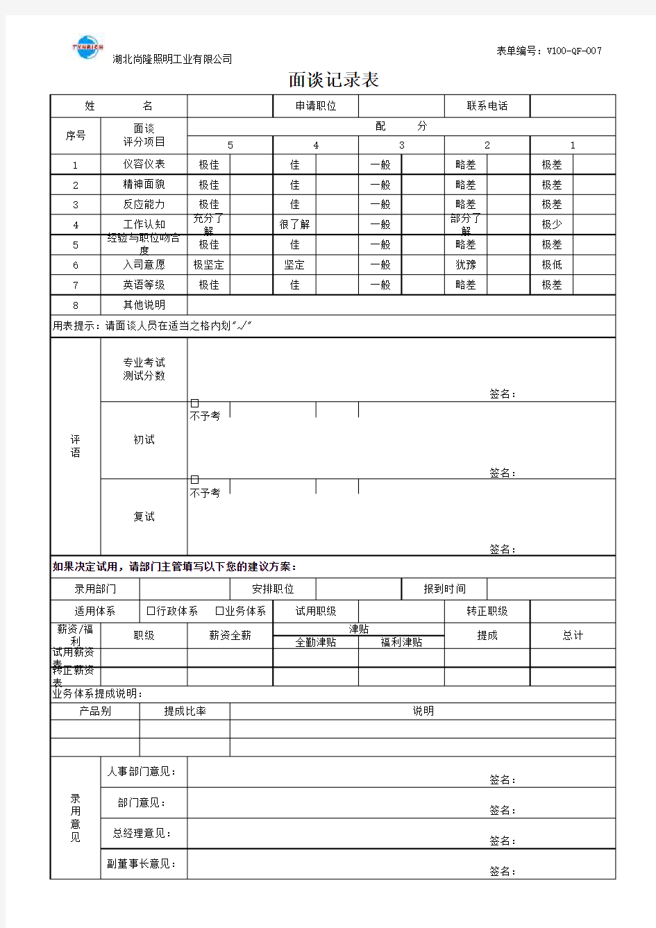 面试面谈记录表