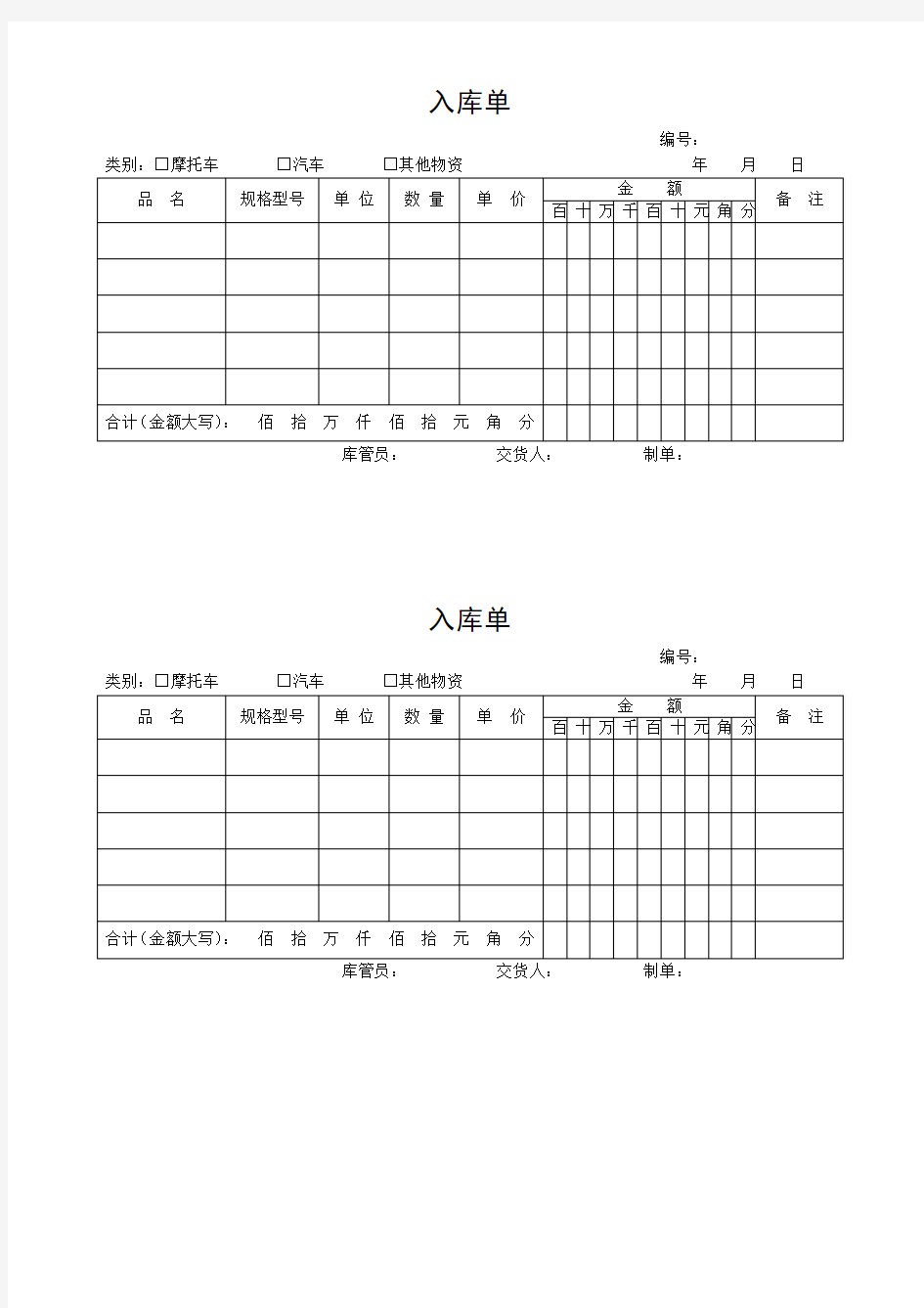 仓库管理各类表格汇总