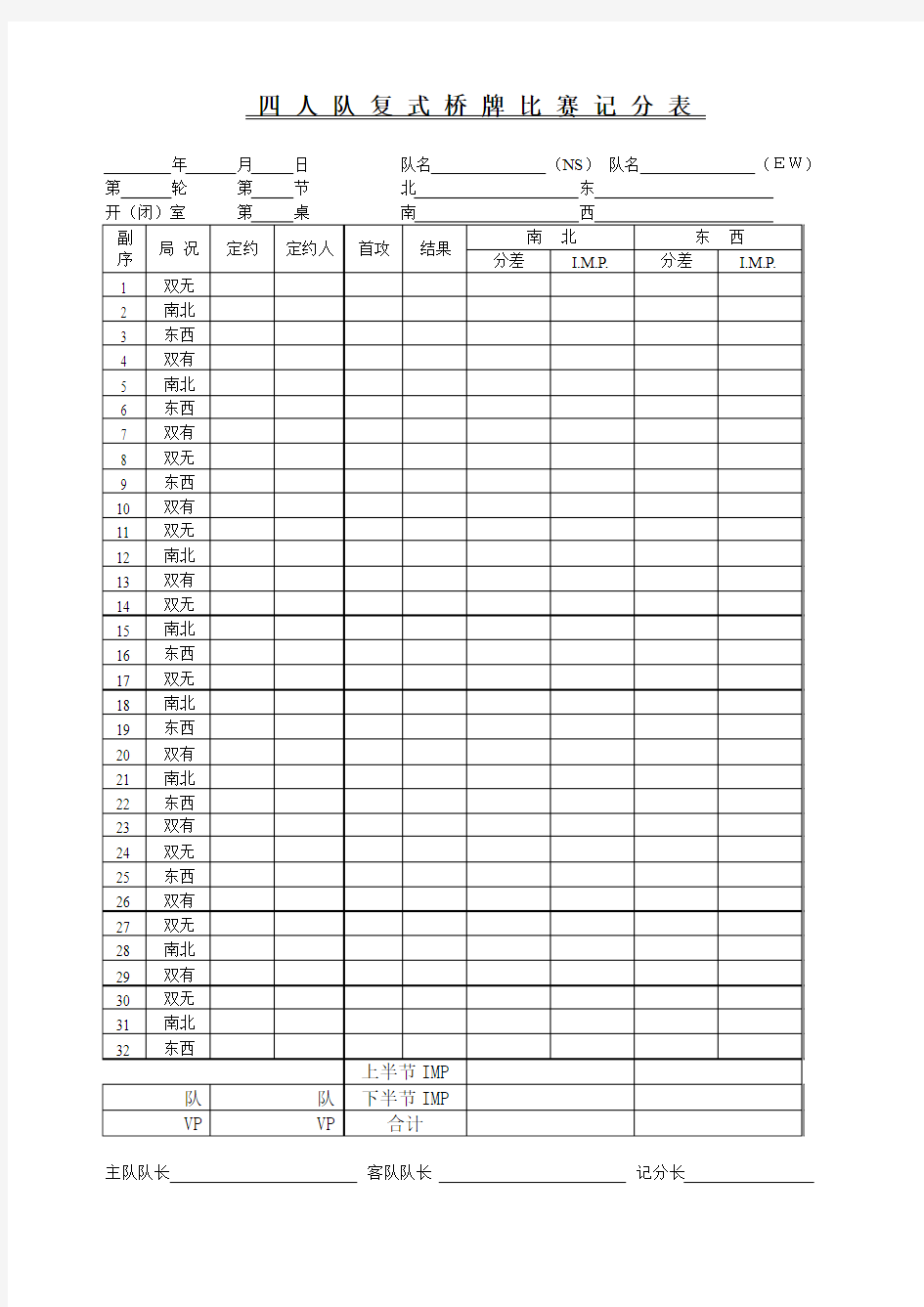 四人队复式桥牌比赛记分表