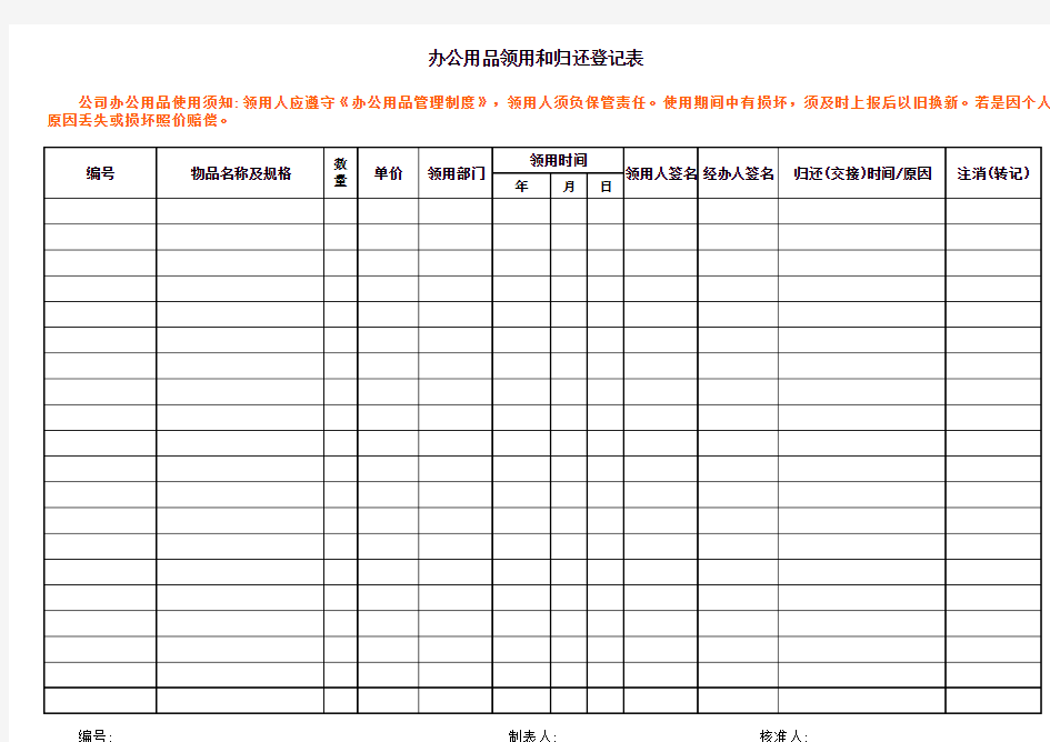 办公用品领用和归还管理表