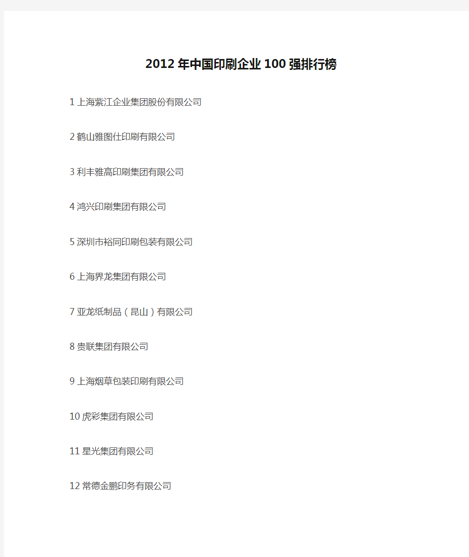 2012年中国印刷企业100强排行榜