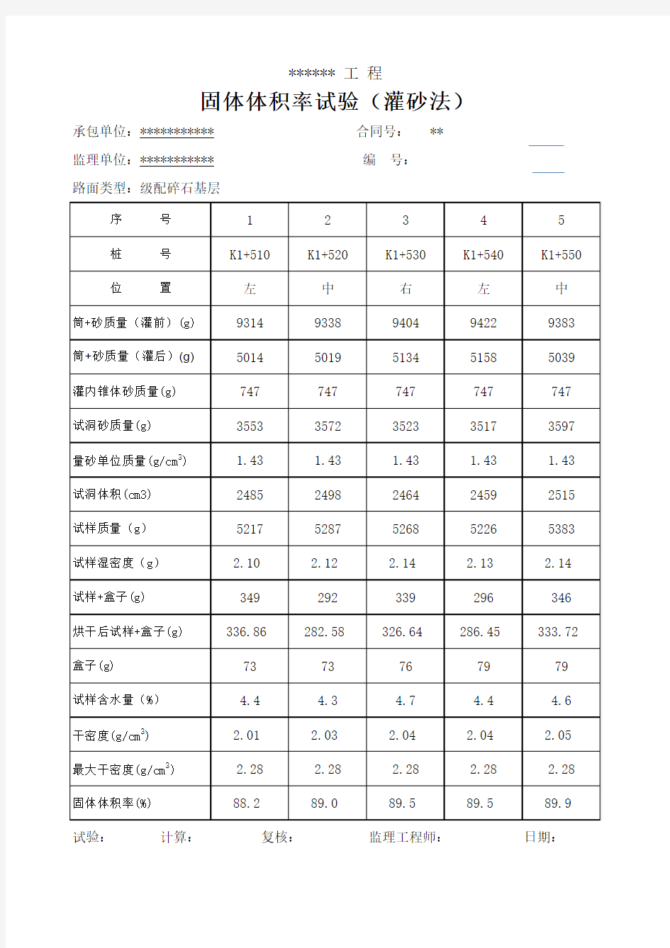 公路工程级配碎石层固体体积率计算