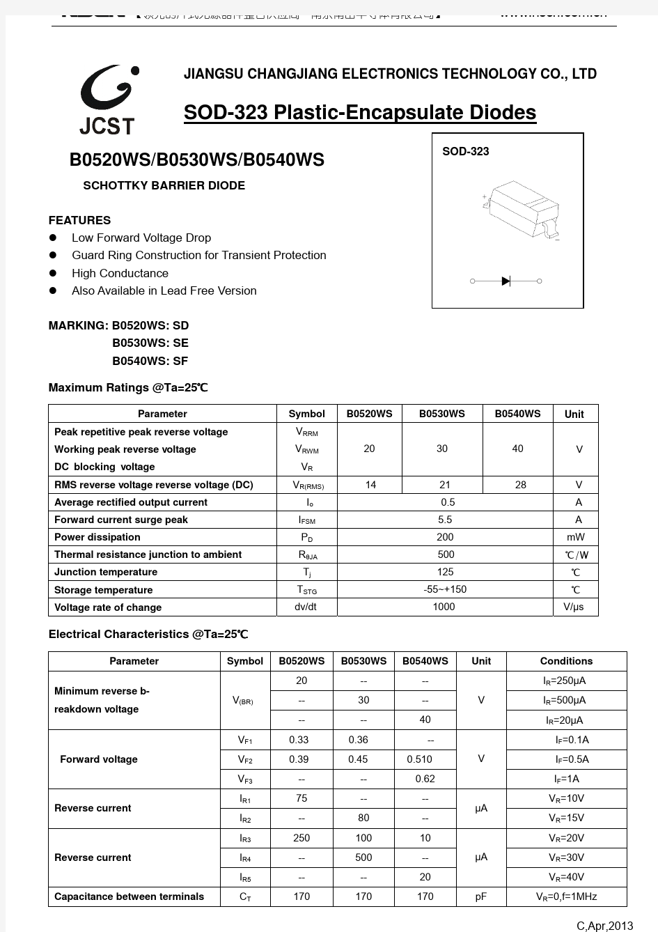 B0540WS(丝印SF)二极管规格书(含样品申请表)