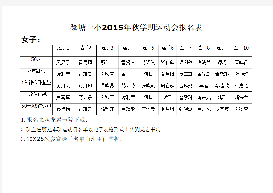 三(3)班2015年运动会报名表