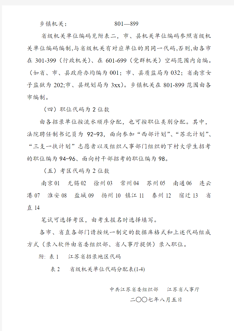 江苏省考试录用机关公务员和参照管理单位工作人员代码分配说明书