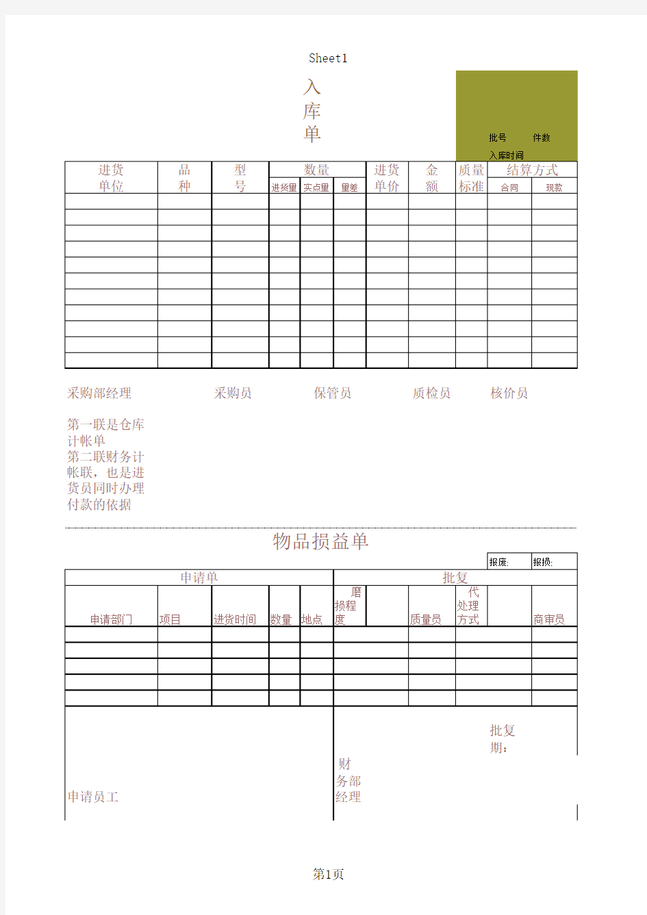 收货单——库存盘点表