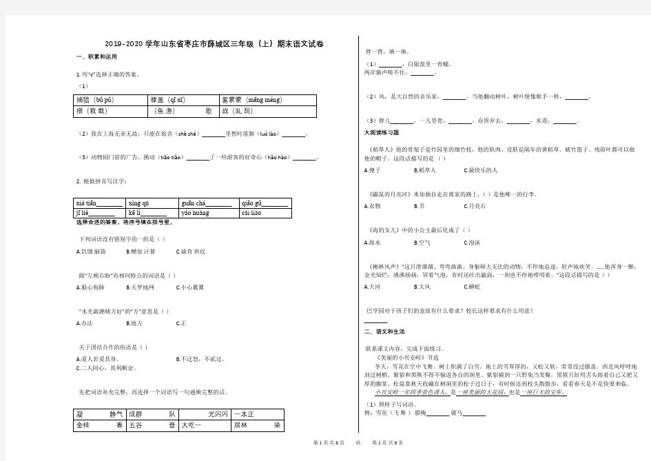 2019-2020学年山东省枣庄市薛城区三年级(上)期末语文试卷