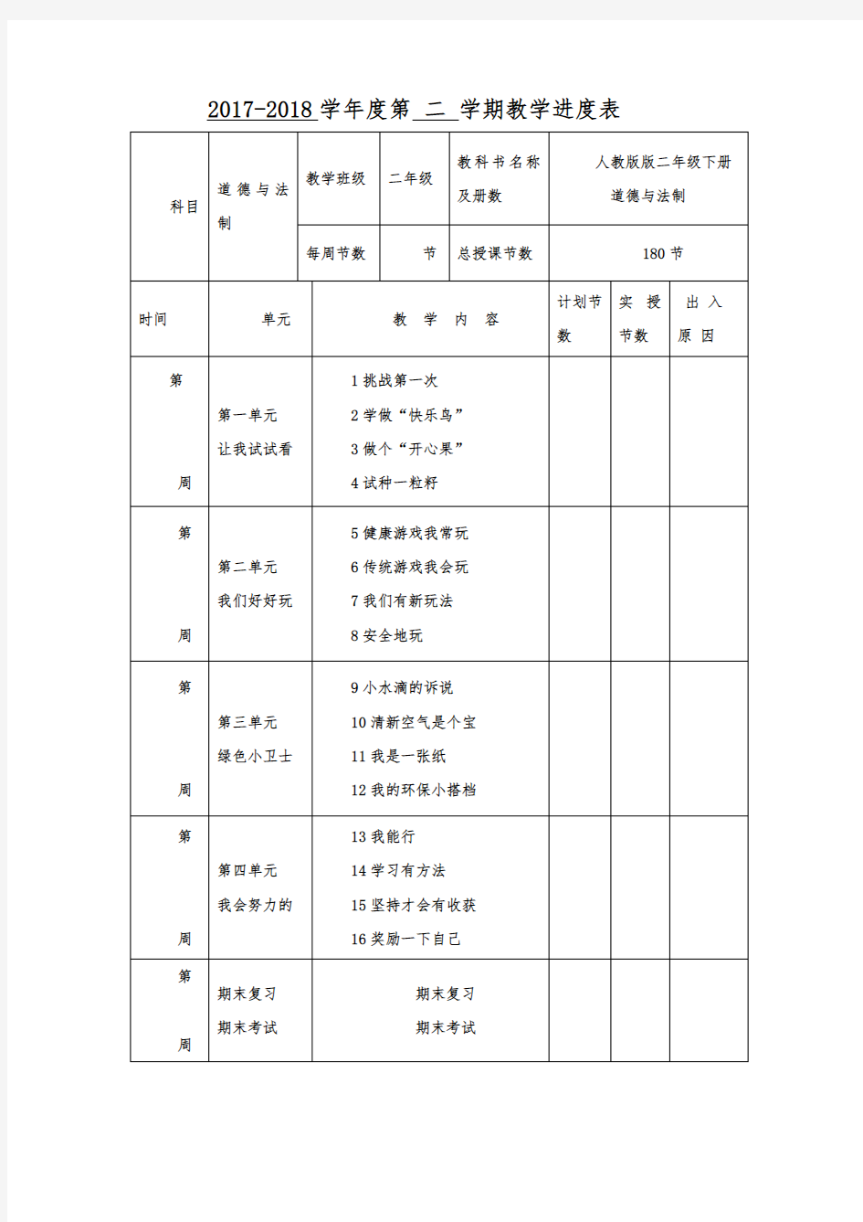 (完整)人教版二年级下册道德与法治教案