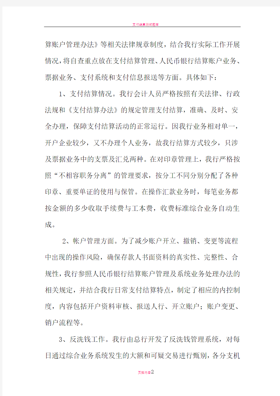 支付结算自查报告