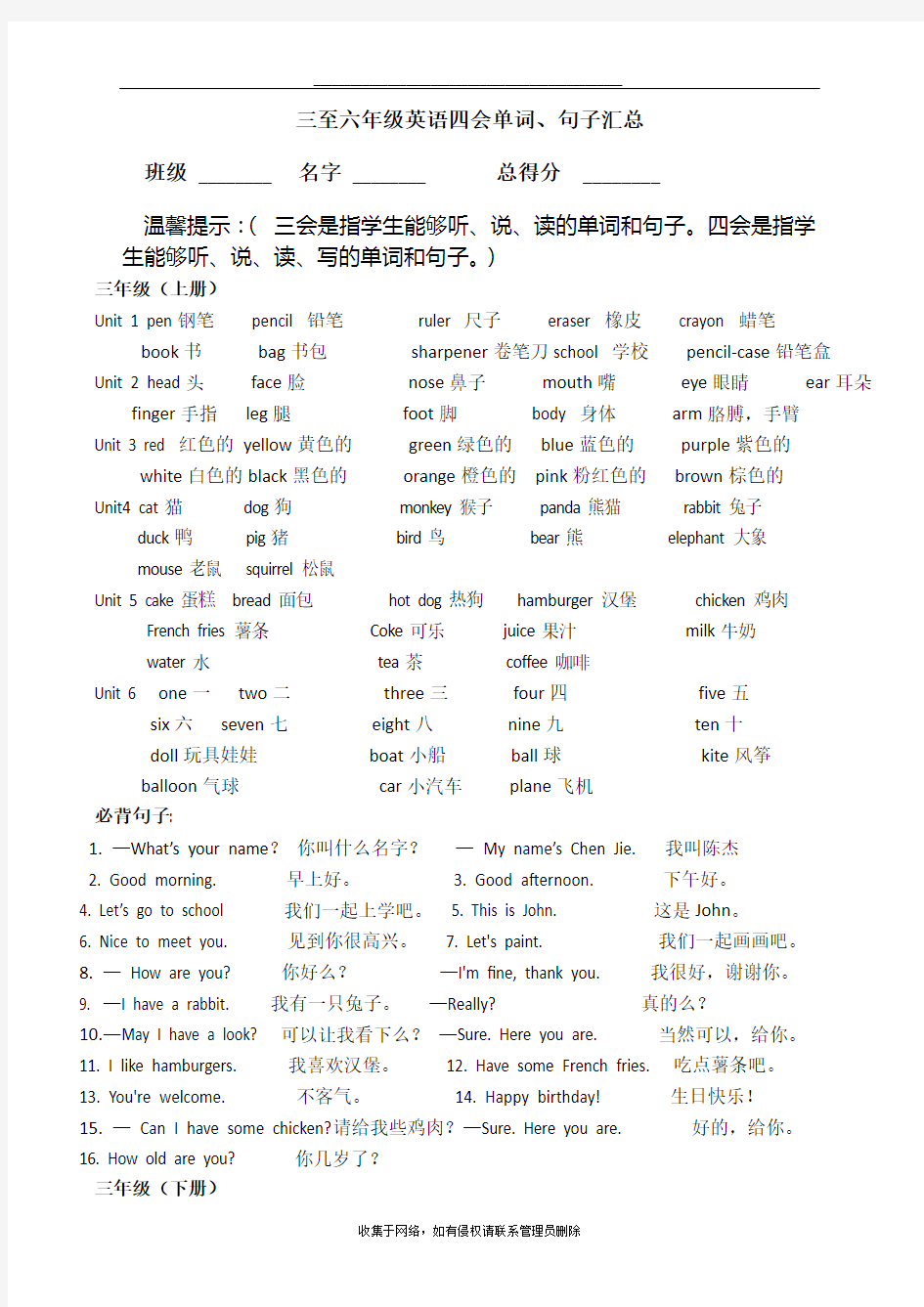 最新小学三至六年级英语四会单词、句子汇总1