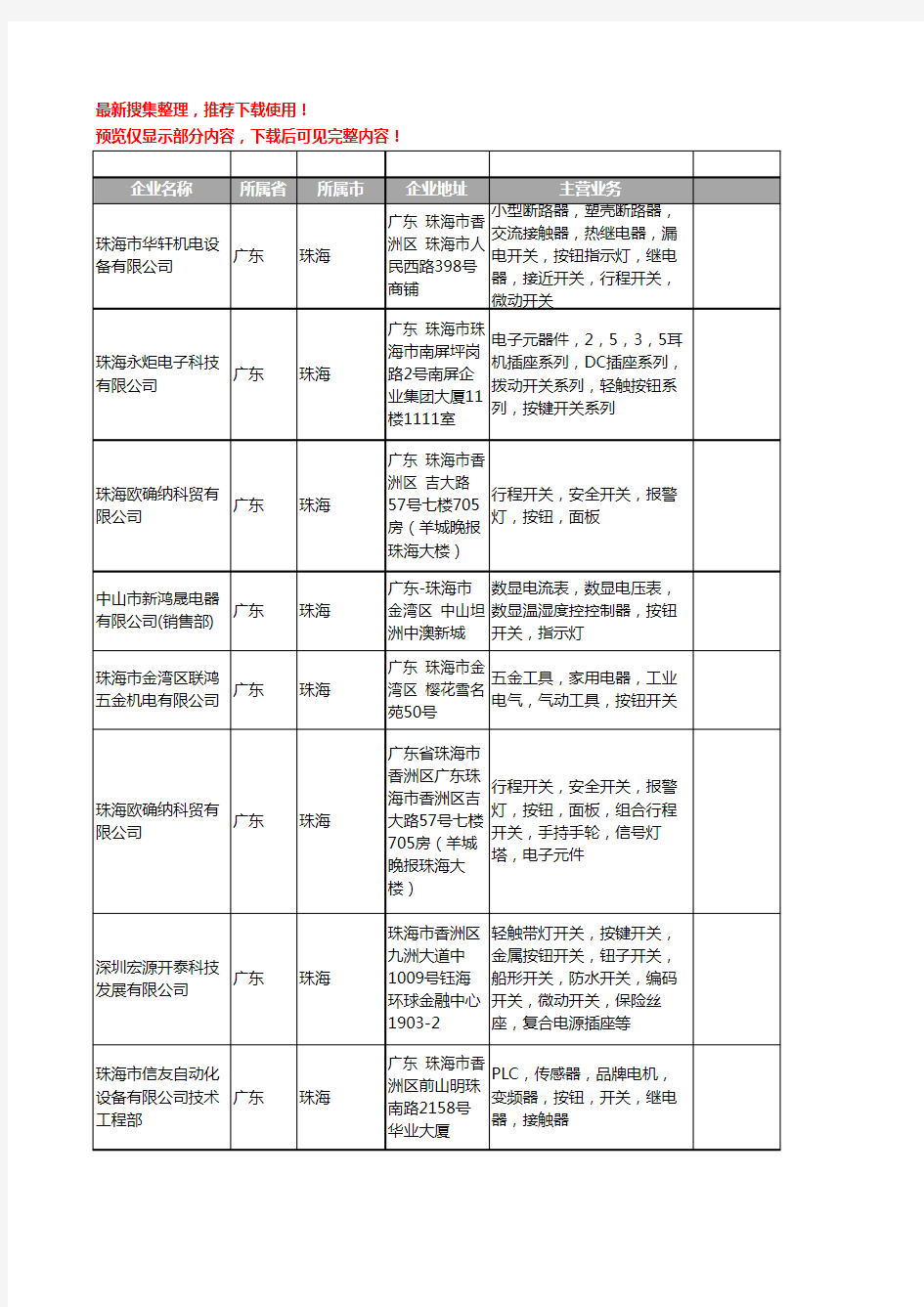 新版广东省珠海按钮开关工商企业公司商家名录名单联系方式大全11家