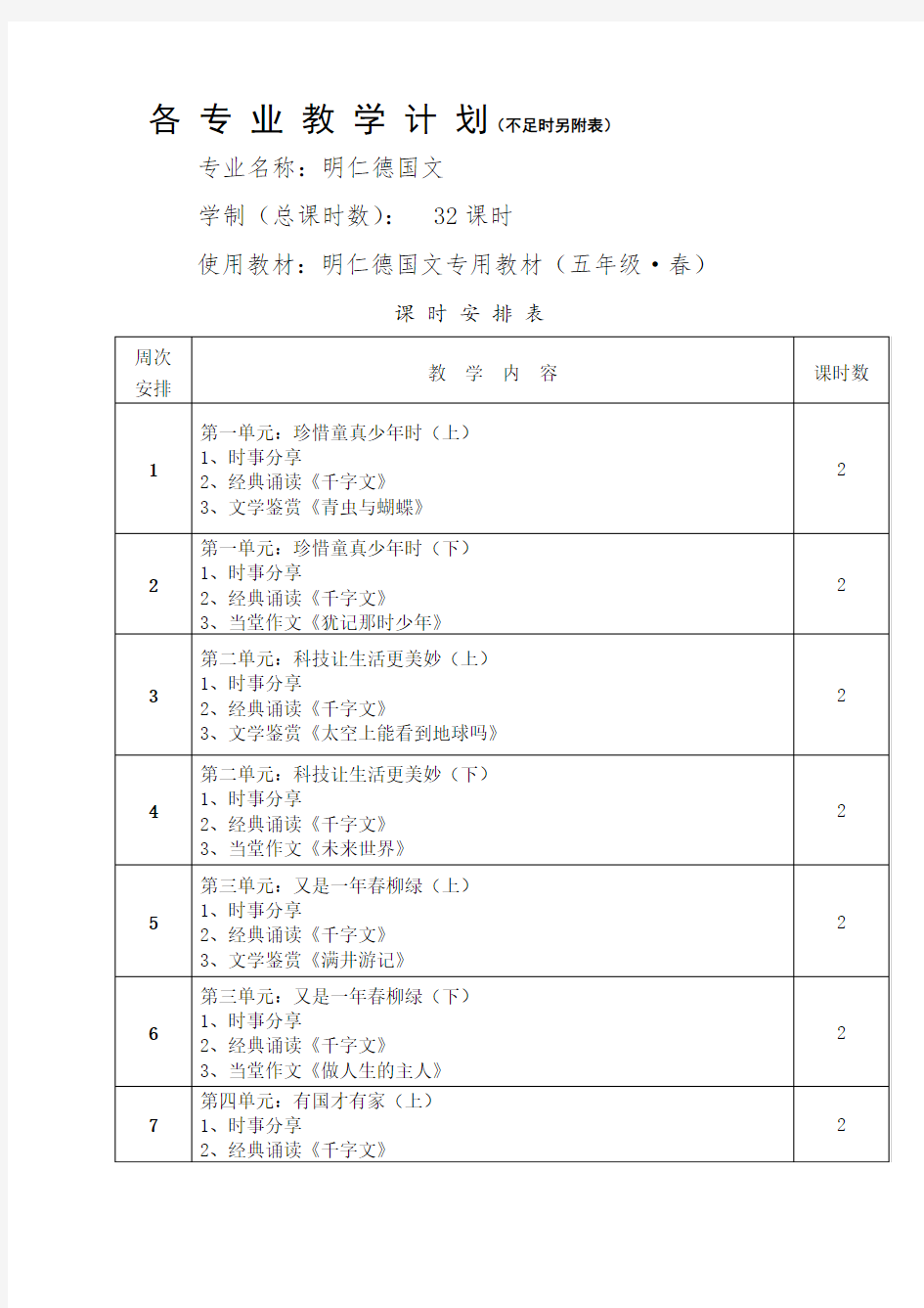 各学科教学计划