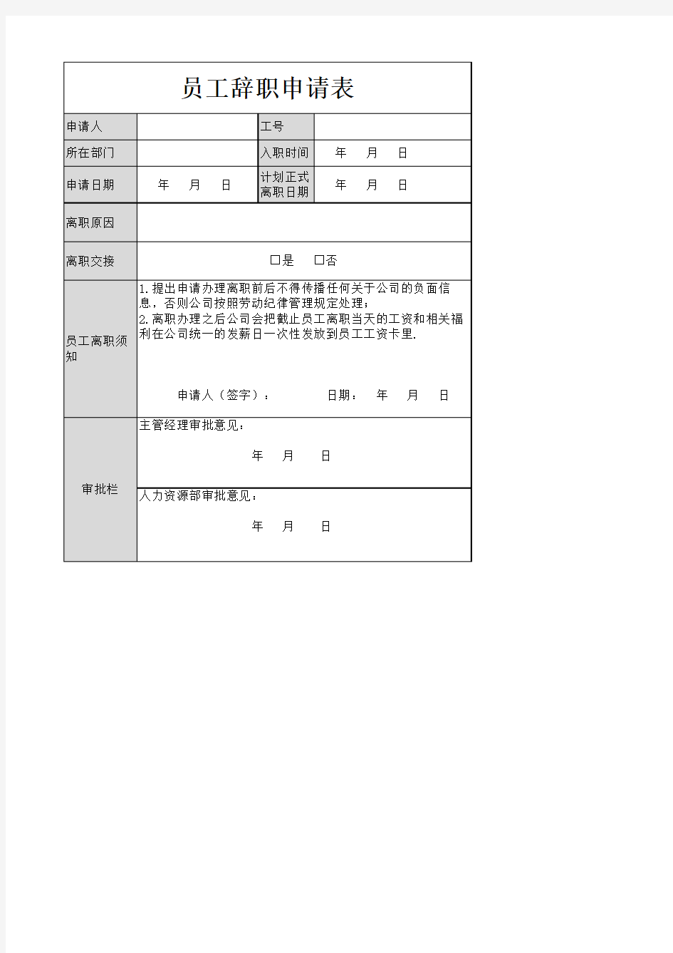 员工辞职申请表(模板)