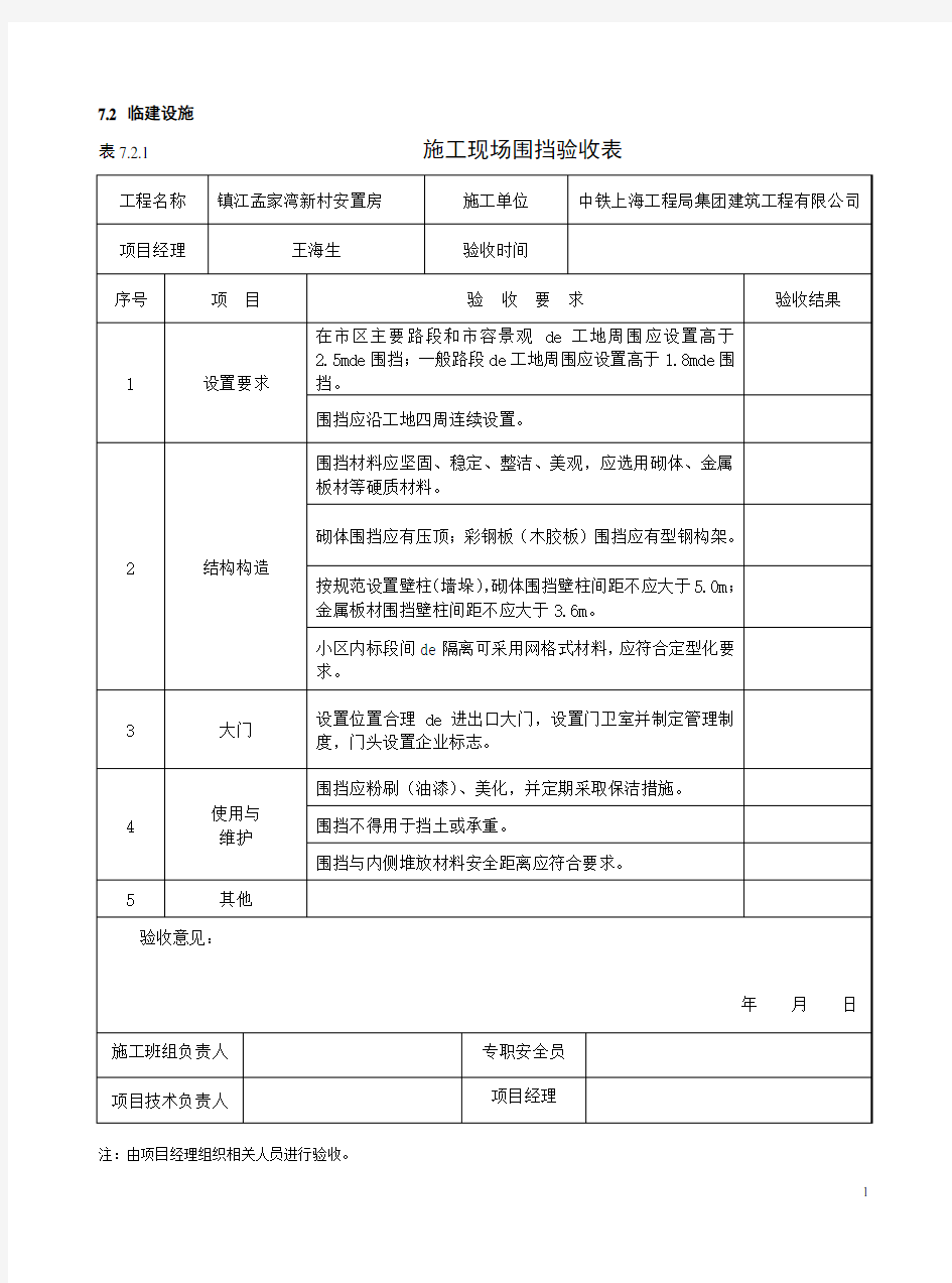 7.2.1施工现场围挡验收表