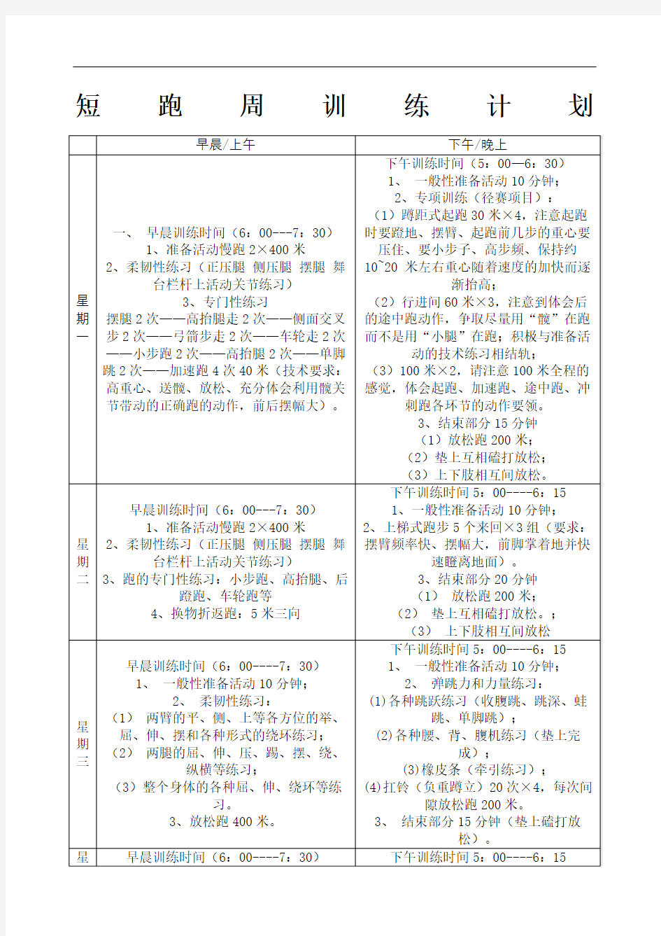 短跑周训练计划表格版