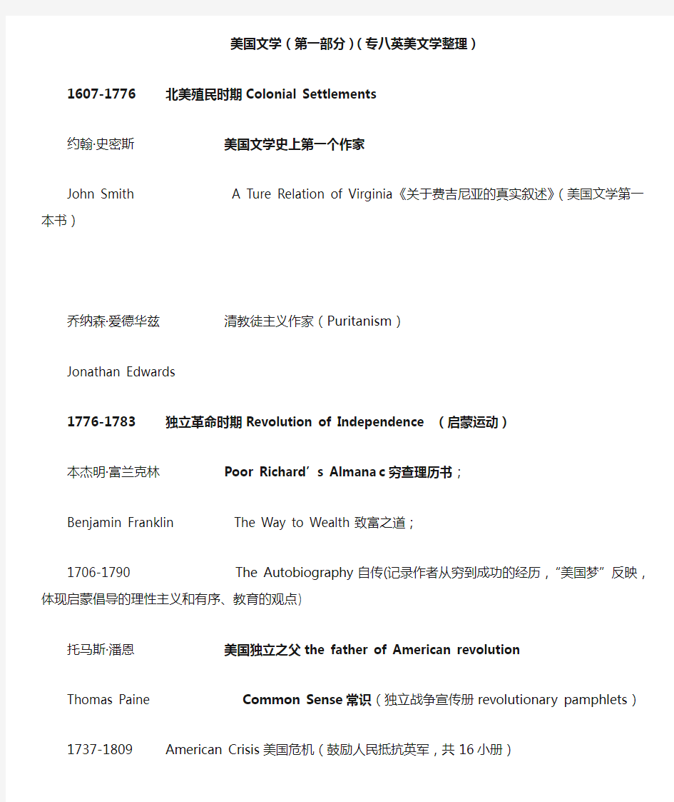 美国文学(第一部分)专八人文知识英美文学总结