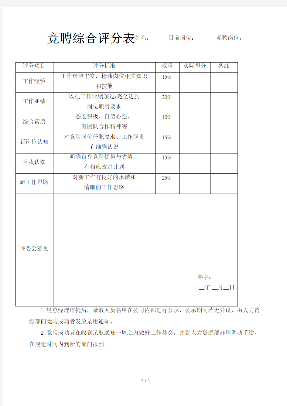 竞聘综合评分表