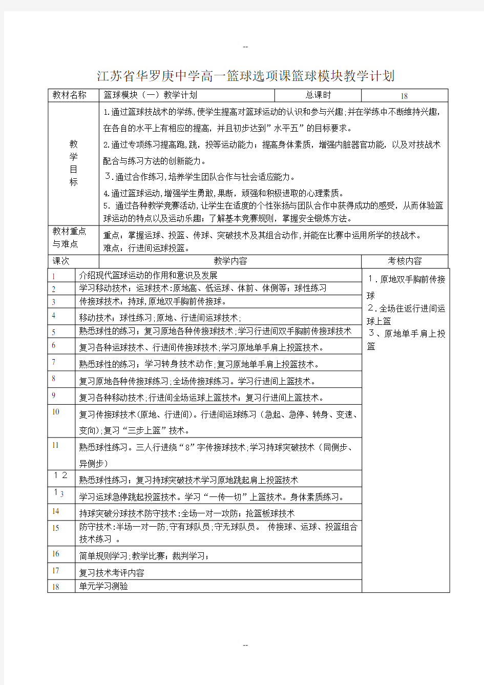 高一篮球选项课篮球模块教学计划