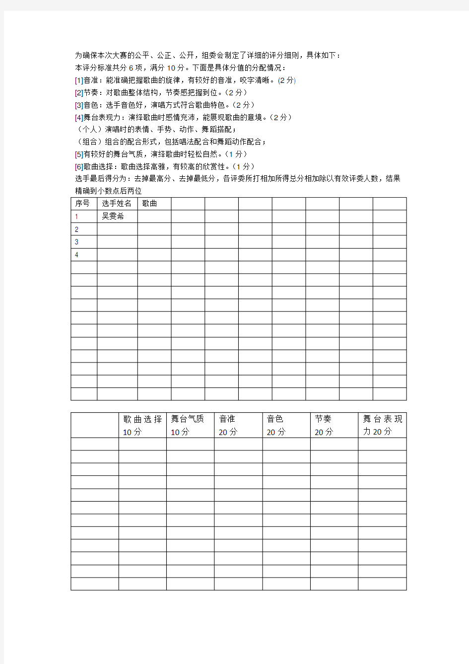 英语歌唱比赛评分细则