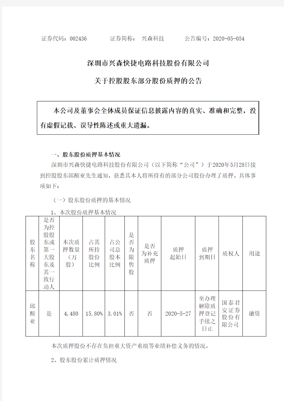 兴森科技：关于控股股东部分股份质押的公告 (1)