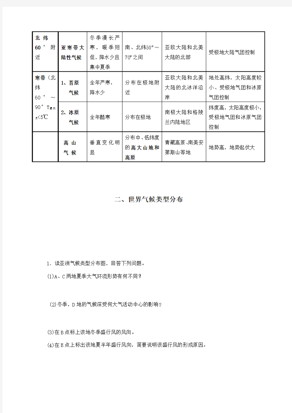 全球气候类型分布、特点及成因