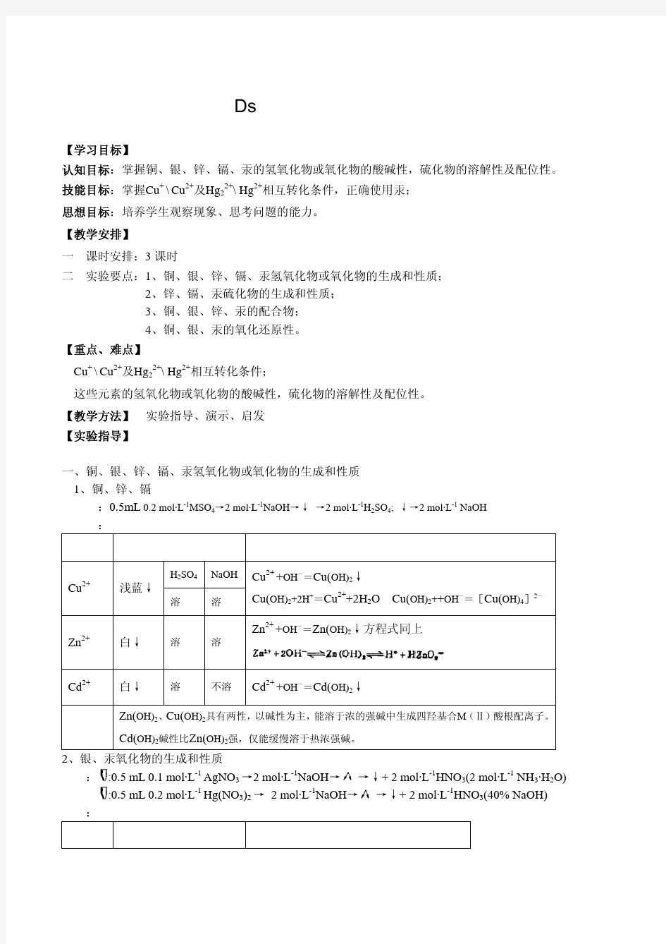 无机化学实验报告：ds区元素(铜银锌镉汞)