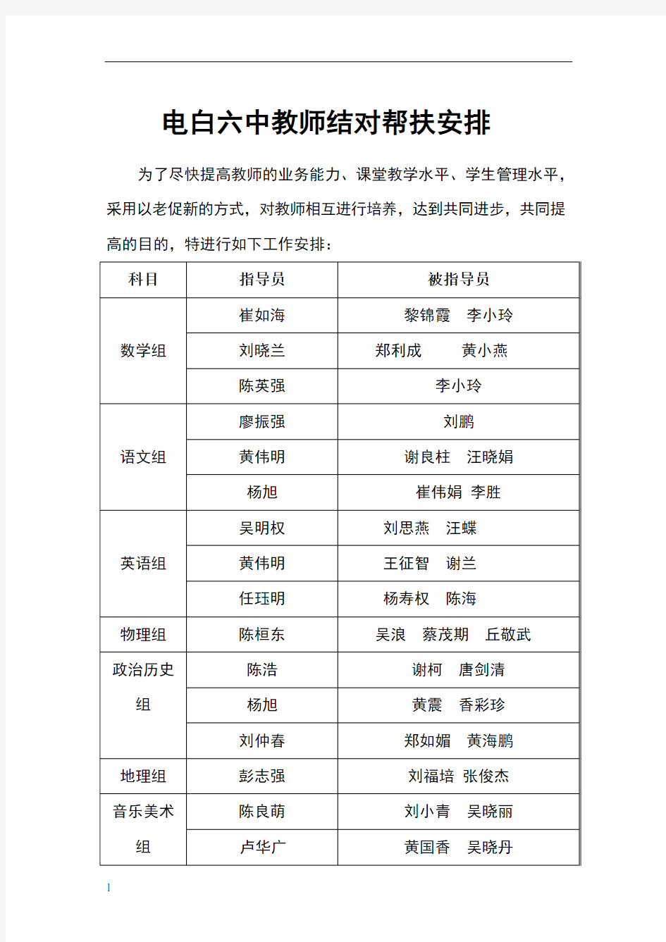 教师结对帮扶安排表