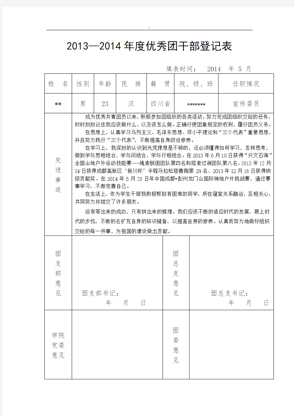 优秀团干部登记表精选范文