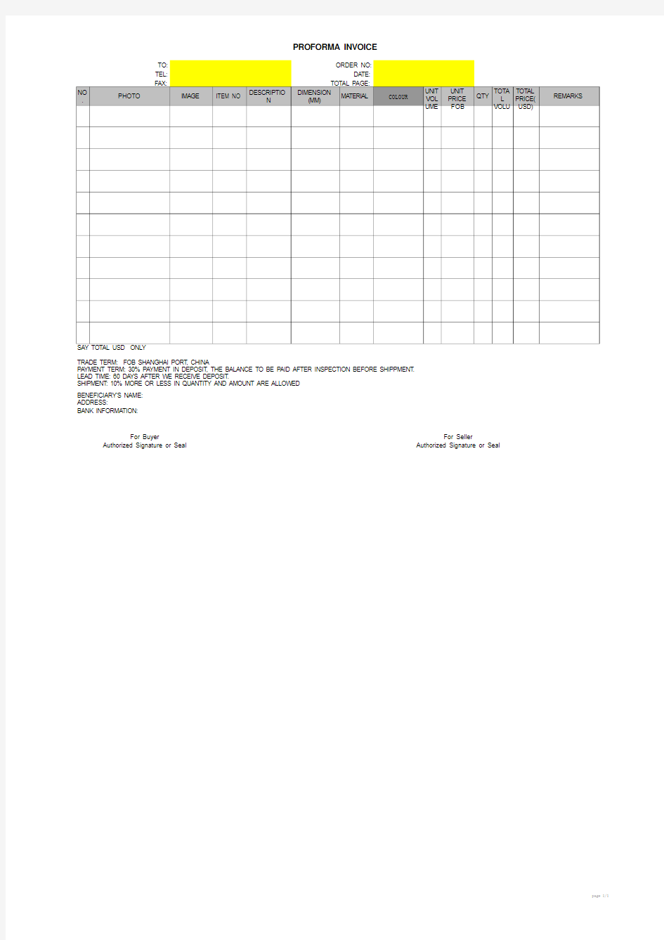 PROFORMA INVOICE 模板