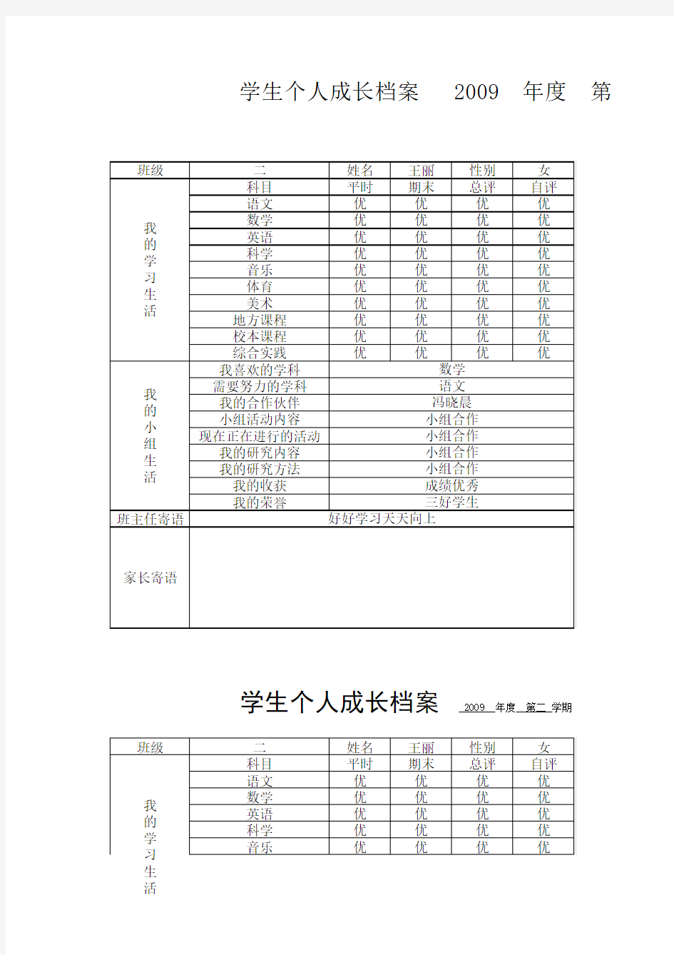 王丽第二小学学生成长档案