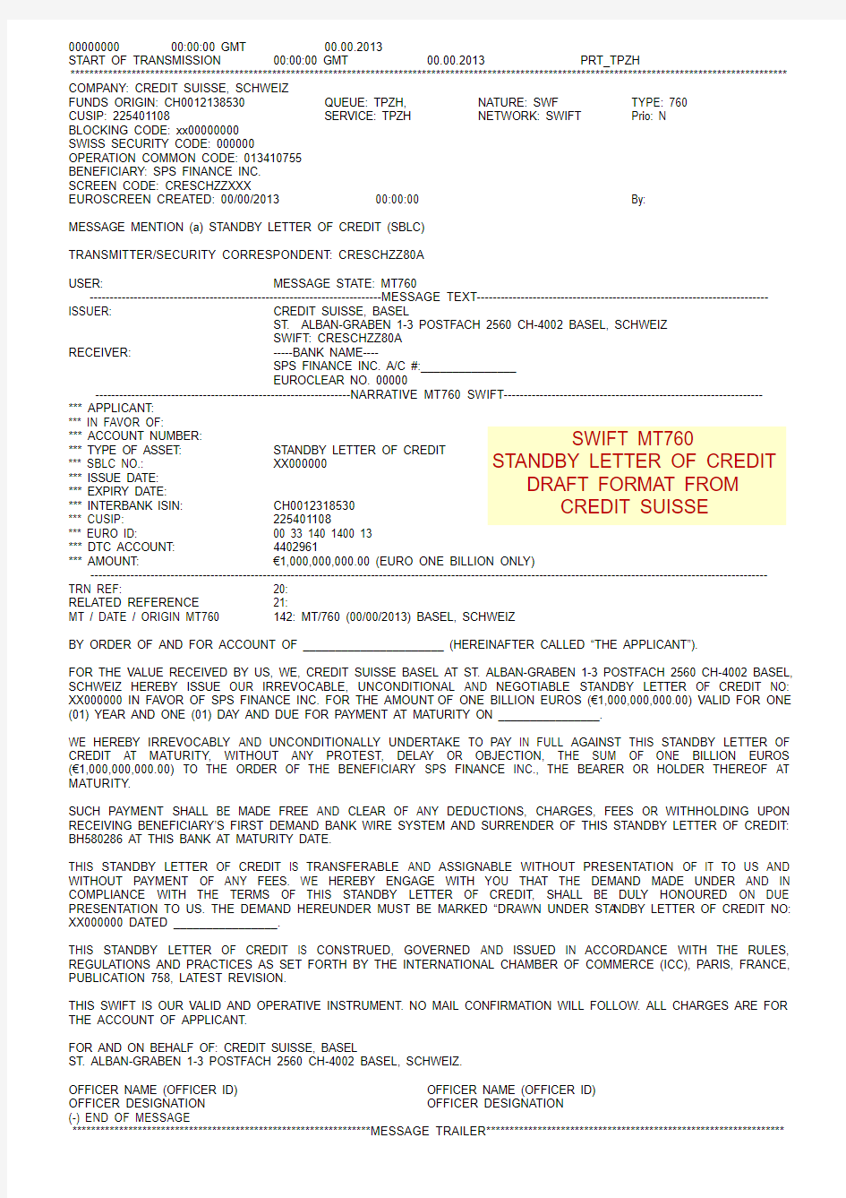 SWIFT MT760 SBLC FORMAT (CREDIT SUISSE)