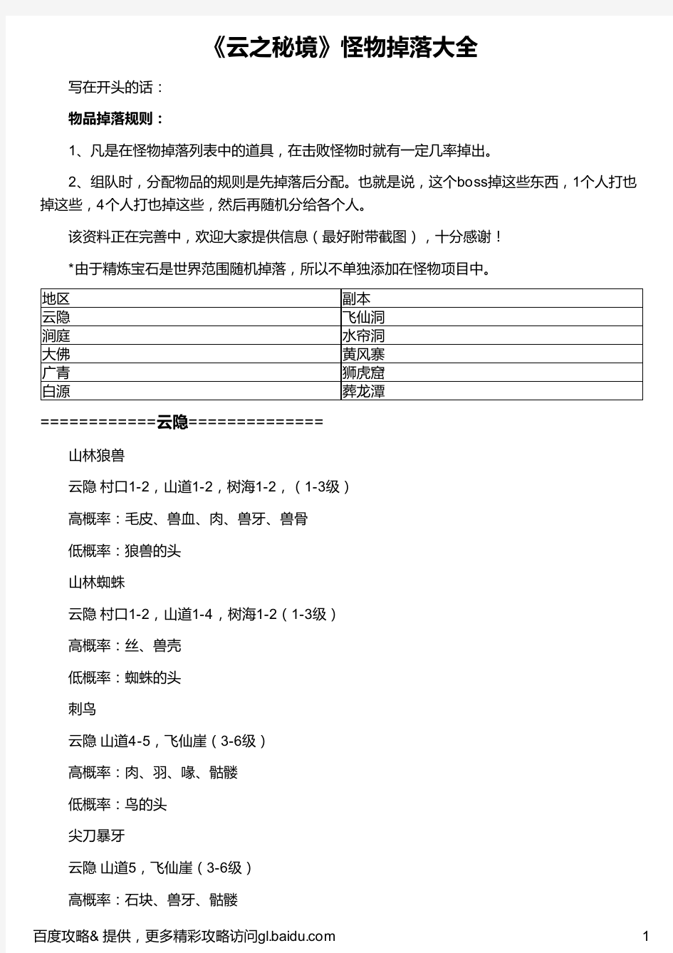 《云之秘境》怪物掉落大全