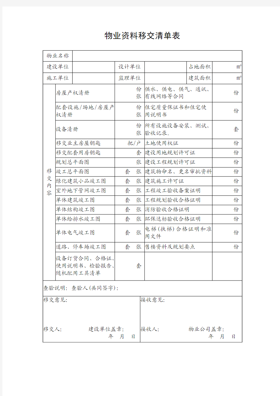 物业资料移交清单表