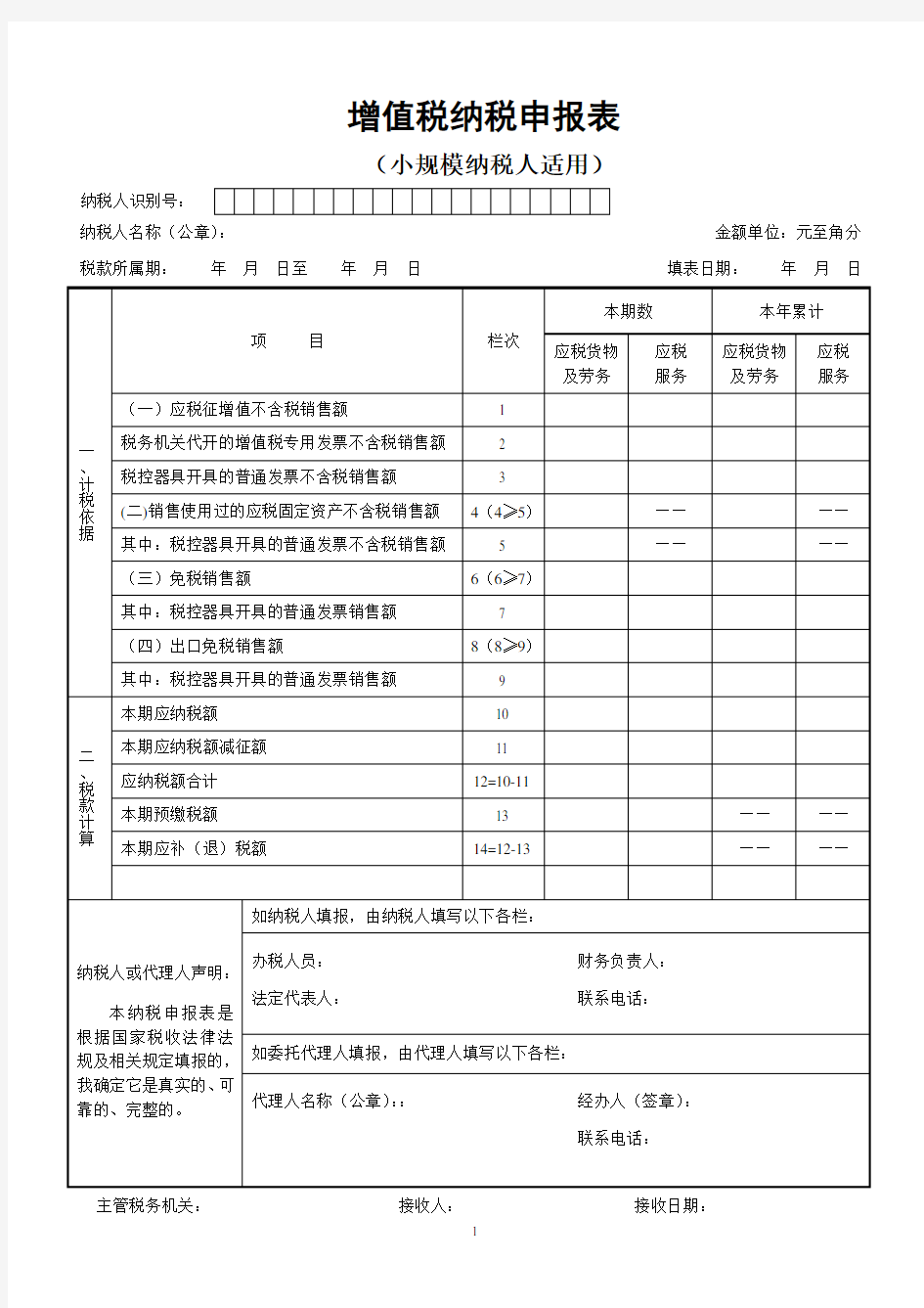 增值税小规模纳税人申报表及附表