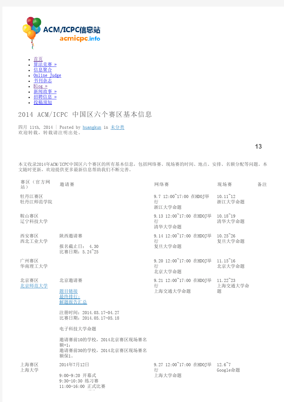 2014 ACM_ICPC 中国区六个赛区基本信息 - ACM_ICPC信息站