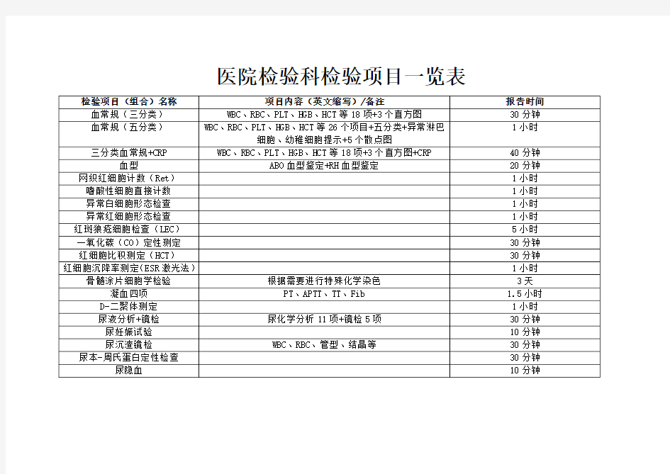 医院检验科检验项目一览表