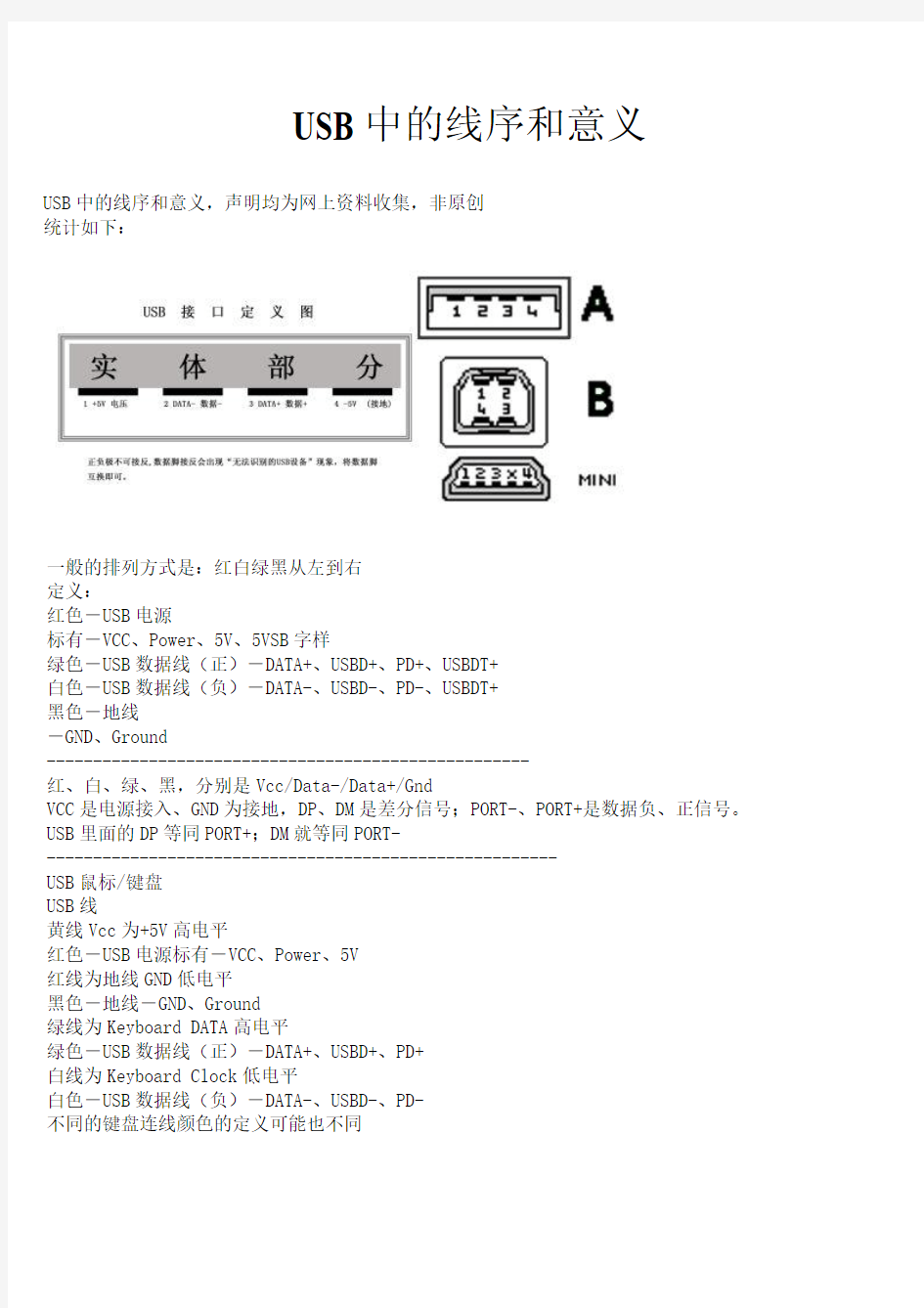 各种接口形式的usb线序